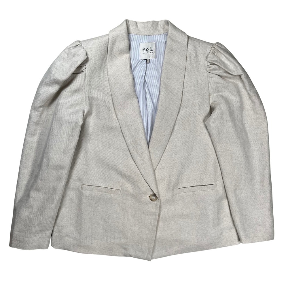 Sea New York Lined Blazer Women Large Beige Linen Blend Puff Sleeve Shawl Lapel